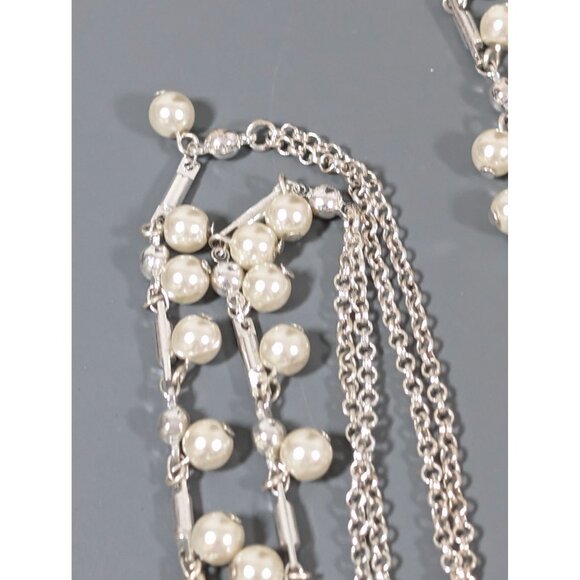 Retro Silver Tone Double Chain Faux Pearl Very Long necklace 64" - Picture 5 of 7